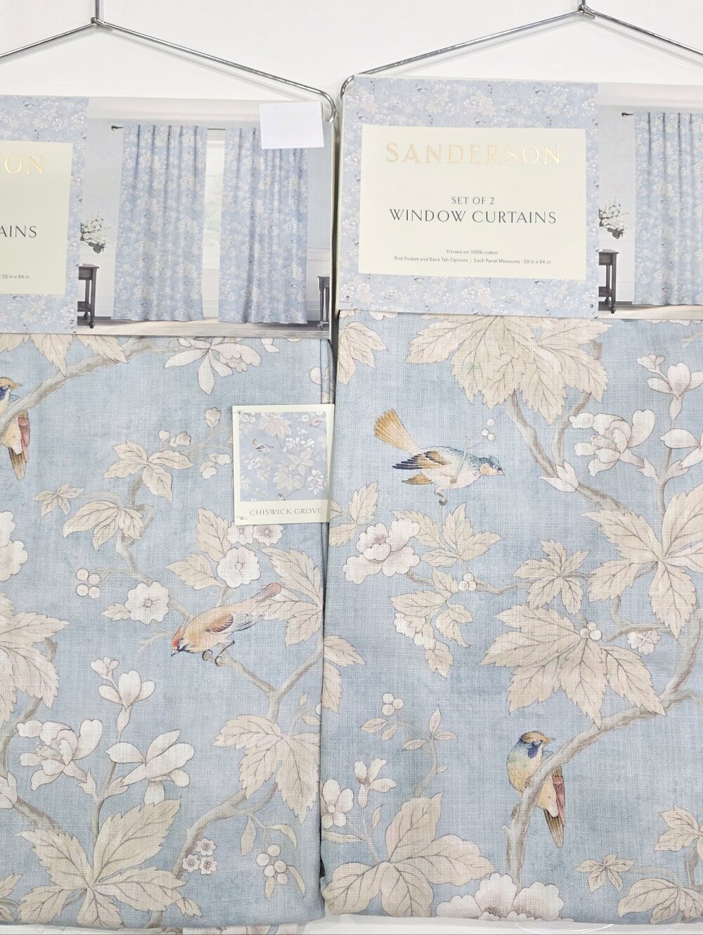 Sanderson Blue Bird Toile Chiswick Grove Curtain Panels Set of 4 New